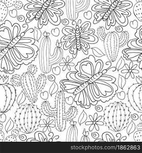 Seamless botanical illustration. Tropical pattern of different cacti, aloe, exotic animals. Butterflies, monochrome flowers, hearts. Seamless botanical illustration. Tropical pattern of different cacti, aloe
