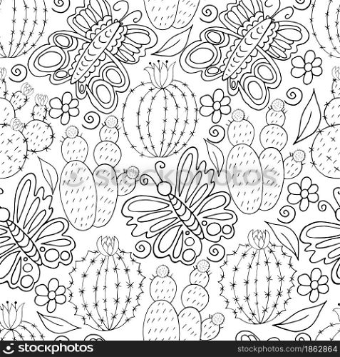 Seamless botanical illustration. Tropical pattern of different cacti, aloe, exotic animals. Butterflies, monochrome flowers, leaves. Seamless botanical illustration. Tropical pattern of different cacti, aloe