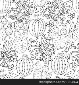 Seamless botanical illustration. Tropical pattern of different cacti, aloe, exotic animals. Butterflies, monochrome flowers, leaves. Seamless botanical illustration. Tropical pattern of different cacti, aloe