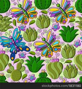 Seamless botanical illustration. Tropical pattern of different cacti, aloe, exotic animals. Colorful butterflies, flowers. Cute vector illustration. Cartoon images of cactus. Cacti, aloe, succulents. Decorative natural elements
