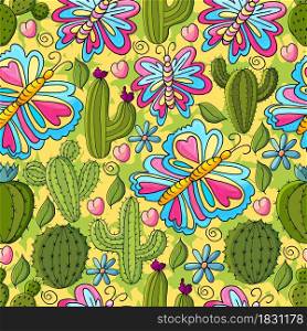 Seamless botanical illustration. Tropical pattern of different cacti, aloe, exotic animals. Colorful butterflies, flowers, hearts. Cute vector illustration. Cartoon images of cactus. Cacti, aloe, succulents. Decorative natural elements