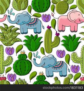 Seamless botanical illustration. Tropical pattern of different cacti, aloe, exotic animals. Elephants, colorful flowers. Cute vector illustration. Cartoon images of cactus. Cacti, aloe, succulents. Decorative natural elements
