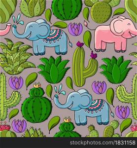 Seamless botanical illustration. Tropical pattern of different cacti, aloe, exotic animals. Elephants, flowers. Cute vector illustration. Cartoon images of cactus. Cacti, aloe, succulents. Decorative natural elements