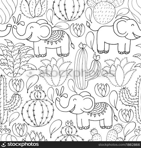 Seamless botanical illustration. Tropical pattern of different cacti, aloe, exotic animals. Elephants, monochrome flowers. Seamless botanical illustration. Tropical pattern of different cacti, aloe