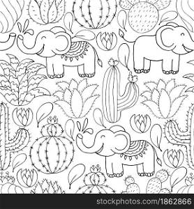 Seamless botanical illustration. Tropical pattern of different cacti, aloe, exotic animals. Elephants, monochrome flowers. Seamless botanical illustration. Tropical pattern of different cacti, aloe