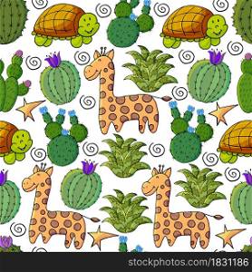 Seamless botanical illustration. Tropical pattern of different cacti, aloe, exotic animals. Giraffe, turtle, colorful flowers. Cute vector illustration. Cartoon images of cactus. Cacti, aloe, succulents. Decorative natural elements