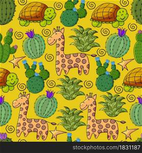 Seamless botanical illustration. Tropical pattern of different cacti, aloe, exotic animals. Giraffe, turtle flowers. Cute vector illustration. Cartoon images of cactus. Cacti, aloe, succulents. Decorative natural elements