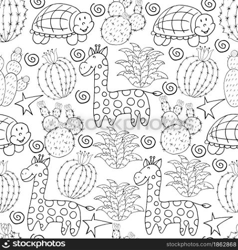 Seamless botanical illustration. Tropical pattern of different cacti, aloe, exotic animals. Giraffe, turtle, monochrome flowers. Seamless botanical illustration. Tropical pattern of different cacti, aloe