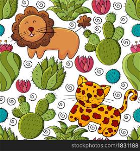 Seamless botanical illustration. Tropical pattern of different cacti, aloe, exotic animals. Lion, leopard, colorful flowers. Cute vector illustration. Cartoon images of cactus. Cacti, aloe, succulents. Decorative natural elements