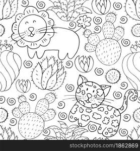 Seamless botanical illustration. Tropical pattern of different cacti, aloe, exotic animals. Lion, leopard, monochrome flowers. Seamless botanical illustration. Tropical pattern of different cacti, aloe