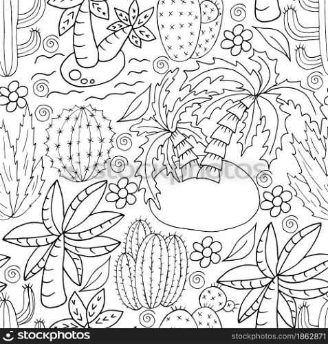 Seamless botanical illustration. Tropical pattern of different cacti, aloe, exotic animals. Palm trees, monochrome flowers. Seamless botanical illustration. Tropical pattern of different cacti, aloe