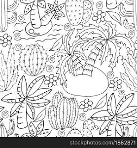 Seamless botanical illustration. Tropical pattern of different cacti, aloe, exotic animals. Palm trees, monochrome flowers. Seamless botanical illustration. Tropical pattern of different cacti, aloe