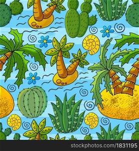 Seamless botanical illustration. Tropical pattern of different cacti, aloe, exotic animals. Shell, palm trees, flowers. Cute vector illustration. Cartoon images of cactus. Cacti, aloe, succulents. Decorative natural elements