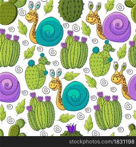 Seamless botanical illustration. Tropical pattern of different cacti, aloe, exotic animals. Snails, colorful flowers. Cute vector illustration. Cartoon images of cactus. Cacti, aloe, succulents. Decorative natural elements