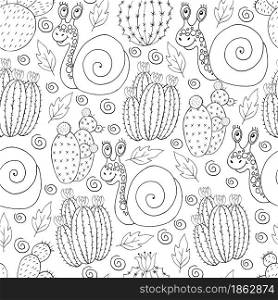 Seamless botanical illustration. Tropical pattern of different cacti, aloe, exotic animals. Snails, monochrome flowers. Seamless botanical illustration. Tropical pattern of different cacti, aloe