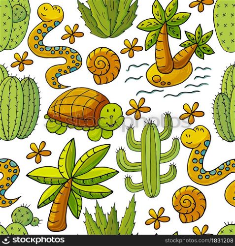 Seamless botanical illustration. Tropical pattern of different cacti, exotic animals. Turtle, snake, palm tree, shells, colorful flowers. Cute vector illustration. Cartoon images of cactus. Cacti, aloe, succulents. Decorative natural elements