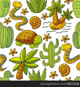 Seamless botanical illustration. Tropical pattern of different cacti, exotic animals. Turtle, snake, palm tree, shells, colorful flowers. Cute vector illustration. Cartoon images of cactus. Cacti, aloe, succulents. Decorative natural elements