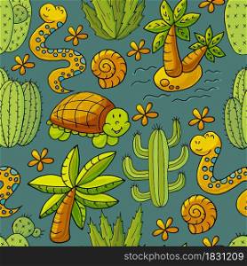 Seamless botanical illustration. Tropical pattern of different cacti, exotic animals. Turtle, snake, palm tree, shells flowers. Cute vector illustration. Cartoon images of cactus. Cacti, aloe, succulents. Decorative natural elements