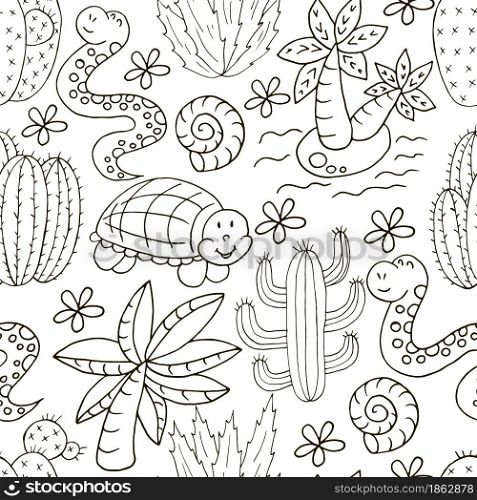 Seamless botanical illustration. Tropical pattern of different cacti, exotic animals. Turtle, snake, palm tree, shells, monochrome flowers. Seamless botanical illustration. Tropical pattern of different cacti, aloe