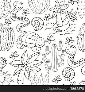 Seamless botanical illustration. Tropical pattern of different cacti, exotic animals. Turtle, snake, palm tree, shells, monochrome flowers. Seamless botanical illustration. Tropical pattern of different cacti, aloe