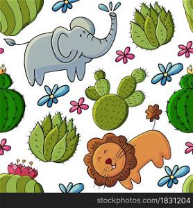 Seamless botanical illustration. Tropical pattern of different cacti, exotic animals. Lion, elephant, colorful flowers. Cute vector illustration. Cartoon images of cactus. Cacti, aloe, succulents. Decorative natural elements