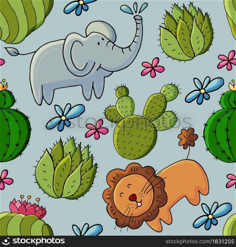 Seamless botanical illustration. Tropical pattern of different cacti, exotic animals. Lion, elephant, flowers. Cute vector illustration. Cartoon images of cactus. Cacti, aloe, succulents. Decorative natural elements