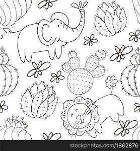 Seamless botanical illustration. Tropical pattern of different cacti, exotic animals. Lion, elephant, monochrome flowers. Seamless botanical illustration. Tropical pattern of different cacti, aloe