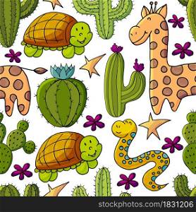 Seamless botanical illustration. Tropical pattern of different cacti, exotic animals. Turtle, snake, giraffe, colorful flowers. Cute vector illustration. Cartoon images of cactus. Cacti, aloe, succulents. Decorative natural elements