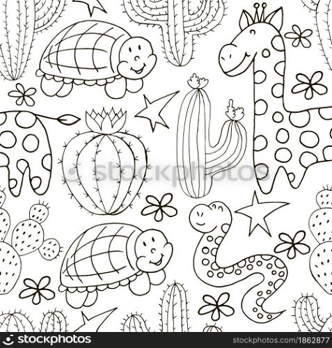 Seamless botanical illustration. Tropical pattern of different cacti, exotic animals. Turtle, snake, giraffe, monochrome flowers. Seamless botanical illustration. Tropical pattern of different cacti, aloe
