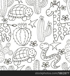Seamless botanical illustration. Tropical pattern of different cacti, exotic animals. Turtle, snake, giraffe, monochrome flowers. Seamless botanical illustration. Tropical pattern of different cacti, aloe