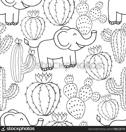 Seamless botanical illustration. Tropical pattern of monochrome cacti, aloe. Elephants, flowering exotic plants. Seamless botanical illustration. Tropical pattern of different cacti, aloe