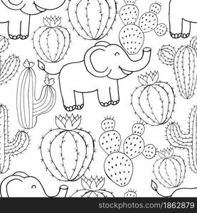 Seamless botanical illustration. Tropical pattern of monochrome cacti, aloe. Elephants, flowering exotic plants. Seamless botanical illustration. Tropical pattern of different cacti, aloe