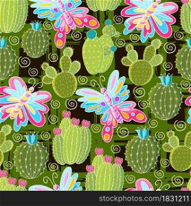 Seamless botanical illustration. Tropical pattern of various cacti, aloe. Butterfly, exotic plants. Cute vector illustration. Cartoon images of cactus. Cacti, aloe, succulents. Decorative natural elements