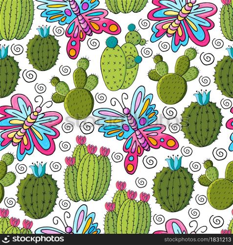 Seamless botanical illustration. Tropical pattern of various cacti, aloe. Butterfly, flowering exotic plants. Cute vector illustration. Cartoon images of cactus. Cacti, aloe, succulents. Decorative natural elements