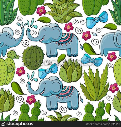 Seamless botanical illustration. Tropical pattern of various cacti, aloe. Elephants, bows, flowering exotic plants. Cute vector illustration. Cartoon images of cactus. Cacti, aloe, succulents. Decorative natural elements