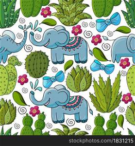Seamless botanical illustration. Tropical pattern of various cacti, aloe. Elephants, bows, flowering exotic plants. Cute vector illustration. Cartoon images of cactus. Cacti, aloe, succulents. Decorative natural elements