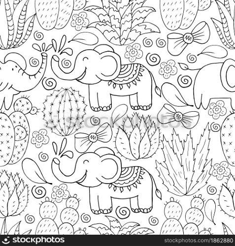 Seamless botanical illustration. Tropical pattern of various cacti, aloe. Elephants, bows, monochrome exotic plants. Seamless botanical illustration. Tropical pattern of different cacti, aloe