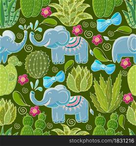 Seamless botanical illustration. Tropical pattern of various cacti, aloe. Elephants, flowering exotic plants, bows. Cute vector illustration. Cartoon images of cactus. Cacti, aloe, succulents. Decorative natural elements