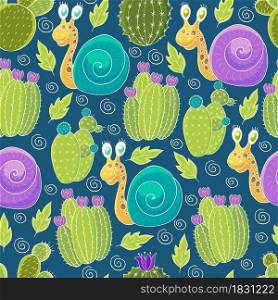 Seamless botanical illustration. Tropical pattern of various cacti, aloe. Multi-colored snail, flowering exotic plants. Cute vector illustration. Cartoon images of cactus. Cacti, aloe, succulents. Decorative natural elements