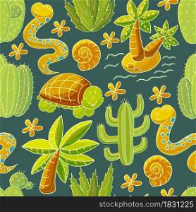 Seamless botanical illustration. Tropical pattern of various cacti, aloe. Snake, turtle, shells, flowering exotic plants. Cute vector illustration. Cartoon images of cactus. Cacti, aloe, succulents. Decorative natural elements