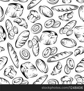 Seamless bread and buns pattern with black sketched long loaves and toast bread, cupcakes, croissants and bagels over white background. May be use as bakery and pastry shop interior or recipe book flyleaf design