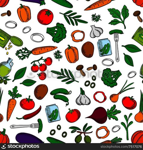 Seamless bright fresh and pickled vegetables pattern with tomatoes, olives, chilli and bell peppers, carrots, mushrooms, broccoli, potatoes, onions, garlic, cucumbers, beets and pumpkins, canned corn grains and pickles on white background among green spicy herbs. Seamless fresh and pickled vegetables pattern