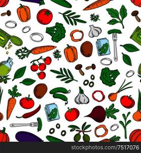 Seamless bright fresh and pickled vegetables pattern with tomatoes, olives, chilli and bell peppers, carrots, mushrooms, broccoli, potatoes, onions, garlic, cucumbers, beets and pumpkins, canned corn grains and pickles on white background among green spicy herbs. Seamless fresh and pickled vegetables pattern