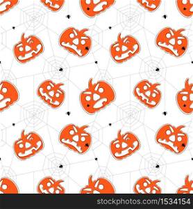 Seamless bright halloween pattern. Cartoon style pattern with pumpkins, spiders and spider web