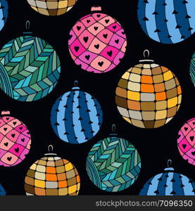 Seamless bright pattern with Christmas balls on dark background. Seamless bright pattern with Christmas balls on dark background.