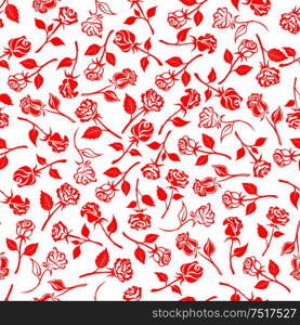Seamless bright red roses pattern over white background with beautiful blooming flowers and buds on thorny stems with carved leaves. Fabric print or wallpaper design. Seamless blooming roses and buds pattern