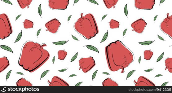 Seamless bright white, red, green pattern with  delicious sweet peppers, vegetables for fabric, drawing labels, print on t-shirt, wallpaper of children's room, fruit background.
