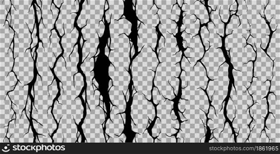 Seamless broken wall crack, cleft and crackles. Vector earthquake cracking holes, realistic 3d ruined surface. Destruction, damage fissure effect after disaster isolated on transparent background. Seamless broken wall crack, cleft and crackles set