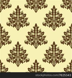 Seamless brown colored floral arabesque pattern in damask style motifs suitable for wallpaper, tiles and fabric design isolated over beige colored background. Floral seamless arabesque pattern