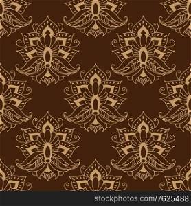 Seamless brown colored floral arabesque pattern in damask style motifs suitable for wallpaper, tiles and fabric design in square format. Floral seamless arabesque pattern